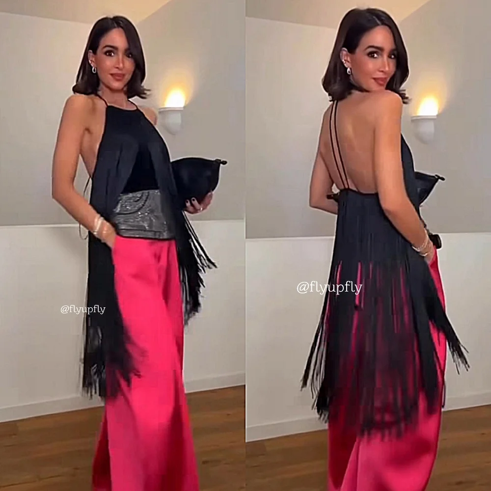 ZARA Fringed Velvet Halter Top Black Size XS S